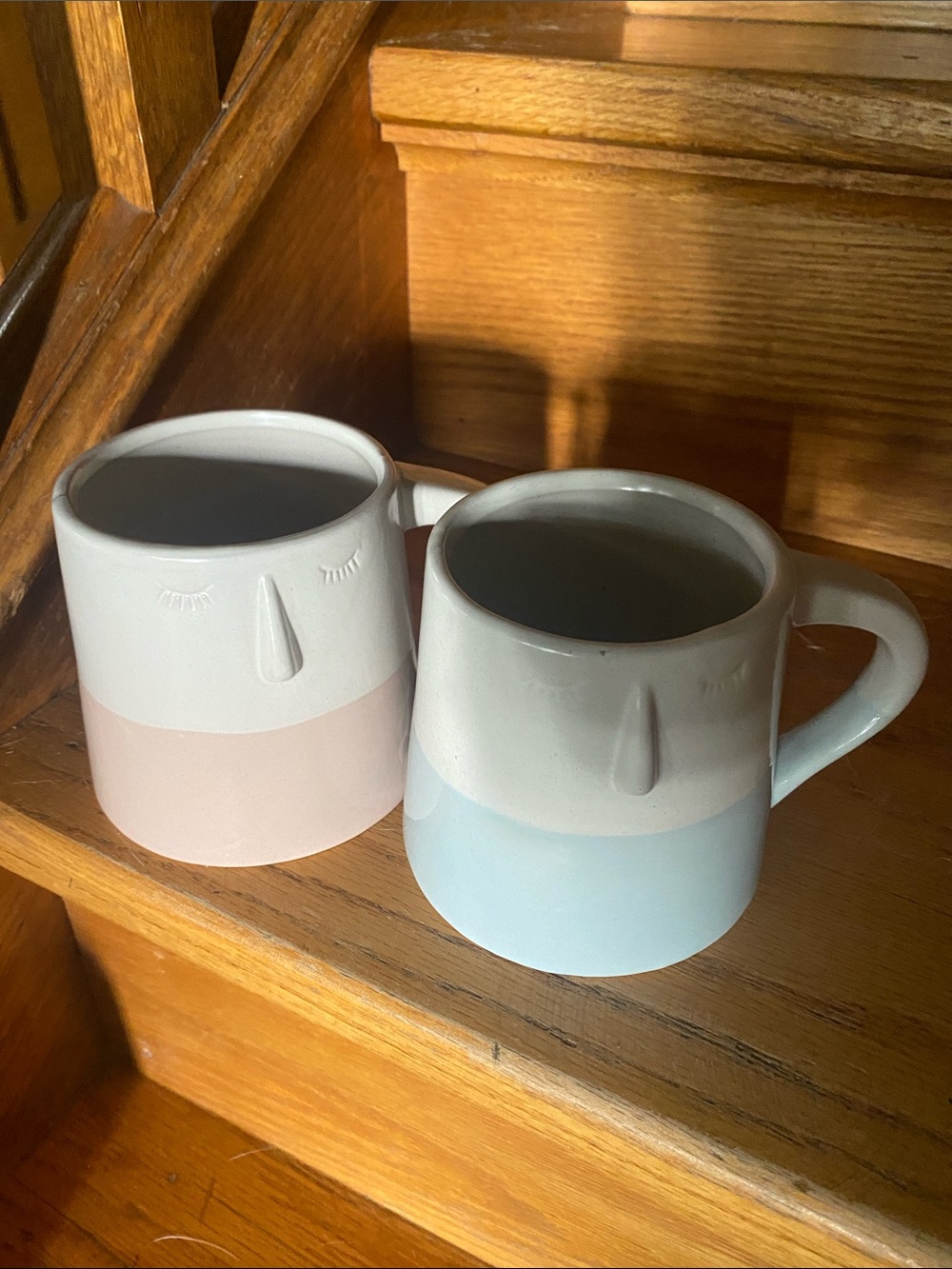 Set of Two Ceramic Face Mugs in Soft Pink and Soft Blue, Best Face Forward